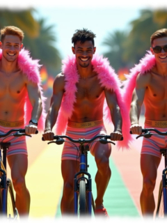 Drei junge Männer, auf Fahrrad, pinke Federboa und Pants, Straße in Regenbogen-Farben. Drei junge Männer, auf Fahrrad, pinke Federboa und Pants, Straße in Regenbogen-Farben.