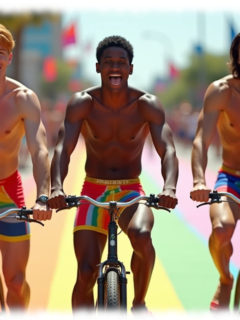 Drei junge Männer, herzhaft lachend, auf Fahrrad, Pants und Straße in Regenbogen-Farben. Drei junge Männer, herzhaft lachend, auf Fahrrad, Pants und Straße in Regenbogen-Farben.