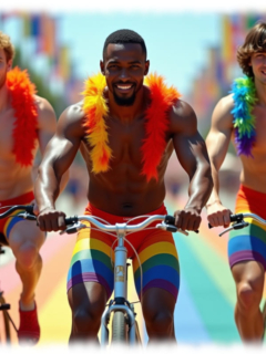 Drei junge Männer, lachend, auf Fahrrad mit Federboa, Hosen und Straße in Regenbogen-Farben. Drei junge Männer, lachend, auf Fahrrad mit Federboa, Hosen und Straße in Regenbogen-Farben.