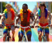 Drei junge Männer, lachend, auf Fahrrad mit Federboa, Hosen und Straße in Regenbogen-Farben. Drei junge Männer, lachend, auf Fahrrad mit Federboa, Hosen und Straße in Regenbogen-Farben.