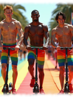 Drei junge Männer, lachend, auf E-Roller, Shorts und Straße in Regenbogen-Farben. Drei junge Männer, lachend, auf E-Roller, Shorts und Straße in Regenbogen-Farben.