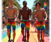 Drei junge Männer, lachend, auf E-Roller, Shorts und Straße in Regenbogen-Farben. Drei junge Männer, lachend, auf E-Roller, Shorts und Straße in Regenbogen-Farben.