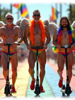 Drei ältere Männer, lachend, auf E-Roller, mit Engelsflügeln und Federboa, Straße in Regenbogen-Farben. Drei ältere Männer, lachend, auf E-Roller, mit Engelsflügeln und Federboa, Straße in Regenbogen-Farben.