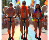 Drei ältere Männer, lachend, auf E-Roller, mit Engelsflügeln und Federboa, Straße in Regenbogen-Farben. Drei ältere Männer, lachend, auf E-Roller, mit Engelsflügeln und Federboa, Straße in Regenbogen-Farben.