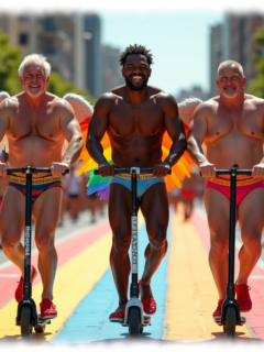 Drei ältere Männer, lachend, auf E-Roller, mit Engelsflügeln, Straße in Regenbogen-Farben. Drei ältere Männer, lachend, auf E-Roller, mit Engelsflügeln, Straße in Regenbogen-Farben.