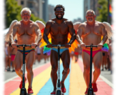 Drei ältere Männer, lachend, auf E-Roller, mit Engelsflügeln, Straße in Regenbogen-Farben. Drei ältere Männer, lachend, auf E-Roller, mit Engelsflügeln, Straße in Regenbogen-Farben.