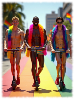 Drei junge Männer, lachend, auf E-Roller, mit Federboa, Straße in Regenbogen-Farben. Drei junge Männer, lachend, auf E-Roller, mit Federboa, Straße in Regenbogen-Farben.