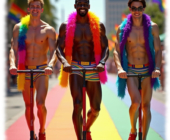 Drei junge Männer, lachend, auf E-Roller, mit Federboa, Straße in Regenbogen-Farben. Drei junge Männer, lachend, auf E-Roller, mit Federboa, Straße in Regenbogen-Farben.