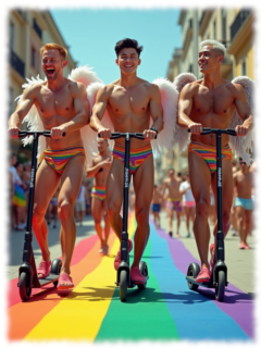 Drei junge Männer, lachend, auf E-Roller, mit Engelsflügeln, Straße in Regenbogen-Farben. Drei junge Männer, lachend, auf E-Roller, mit Engelsflügeln, Straße in Regenbogen-Farben.