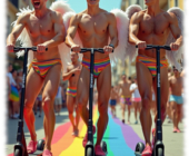 Drei junge Männer, lachend, auf E-Roller, mit Engelsflügeln, Straße in Regenbogen-Farben. Drei junge Männer, lachend, auf E-Roller, mit Engelsflügeln, Straße in Regenbogen-Farben.