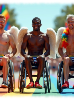 Drei junge Männer, lachend, im Rollstuhl, mit Engelsflügeln, Straße in Regenbogen-Farben. Drei junge Männer, lachend, im Rollstuhl, mit Engelsflügeln, Straße in Regenbogen-Farben.