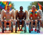 Drei junge Männer, lachend, im Rollstuhl, mit Engelsflügeln, Straße in Regenbogen-Farben. Drei junge Männer, lachend, im Rollstuhl, mit Engelsflügeln, Straße in Regenbogen-Farben.