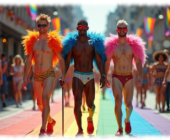 Drei junge Männer, lächelnd, mit Federboa, Straße in Regenbogen-Farben. Drei junge Männer, lächelnd, mit Federboa, Straße in Regenbogen-Farben.