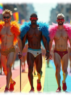 Drei junge Männer, lächelnd, mit Federboa, Straße in Regenbogen-Farben. Drei junge Männer, lächelnd, mit Federboa, Straße in Regenbogen-Farben.