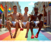 Drei junge Männer, lächelnd, halb nackt auf einer Schaukel, Straße in Regenbogen-Farben. Drei junge Männer, lächelnd, halb nackt auf einer Schaukel, Straße in Regenbogen-Farben.