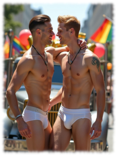 Zwei Männer umarmen sich, kurz vor einem Kuss. Slips mit leichter Auswölbung. Zwei Männer umarmen sich, kurz vor einem Kuss. Slips mit leichter Auswölbung.