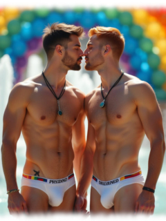 Zwei junge Männer, Hand in Hand, zum Kuss bereit. Slips mit sanfter Ausprägung. Zwei junge Männer, Hand in Hand, zum Kuss bereit. Slips mit sanfter Ausprägung.