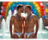 Zwei junge Männer, Hand in Hand, zum Kuss bereit. Slips mit sanfter Ausprägung. Zwei junge Männer, Hand in Hand, zum Kuss bereit. Slips mit sanfter Ausprägung.