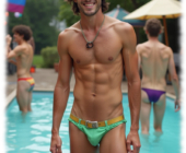 Lachender junger Mann im Tanga, im Wasser stehend. freier Oberkörper und dezente Linie im Stoffverlauf. Lachender junger Mann im Tanga, im Wasser stehend. freier Oberkörper und dezente Linie im Stoffverlauf.