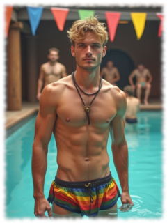 Junger blonder Mann in Regenbogen-Shorts, im Wasser stehend. freier Oberkörper. Junger blonder Mann in Regenbogen-Shorts, im Wasser stehend. freier Oberkörper.