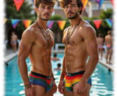 Zwei junge Männer in Regenbogen-Slips mit provokanten Zeichen, stehen sich gegenüber. freier Oberkörper. Zwei junge Männer in Regenbogen-Slips mit provokanten Zeichen, stehen sich gegenüber. freier Oberkörper.