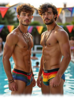 Zwei junge Männer in Regenbogen-Slips mit provokanten Zeichen, stehen sich gegenüber. freier Oberkörper. Zwei junge Männer in Regenbogen-Slips mit provokanten Zeichen, stehen sich gegenüber. freier Oberkörper.