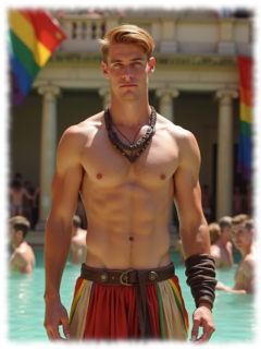 Junger rotblonder Mann in Regenbogen-Pants. freier Oberkörper, im Wasser stehend. Junger rotblonder Mann in Regenbogen-Pants. freier Oberkörper, im Wasser stehend.