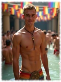 Lächelnder junger Blondschopf in Regenbogen-Pants. freier Oberkörper, im Wasser stehend. Lächelnder junger Blondschopf in Regenbogen-Pants. freier Oberkörper, im Wasser stehend.