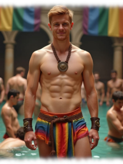 Lächelnder junger Mann in Regenbogen-Pants. freier Oberkörper, im Wasser stehend. Lächelnder junger Mann in Regenbogen-Pants. freier Oberkörper, im Wasser stehend.