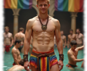 Lächelnder junger Mann in Regenbogen-Pants. freier Oberkörper, im Wasser stehend. Lächelnder junger Mann in Regenbogen-Pants. freier Oberkörper, im Wasser stehend.