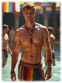 Junger Mann in Regenbogen-Pants. freier Oberkörper, im Wasser stehend. Junger Mann in Regenbogen-Pants. freier Oberkörper, im Wasser stehend.