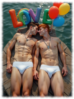 Zwei junge Männer, auf Bootssteg liegend. freier Oberkörper, Slips mit lustvollen Hügeln, zum Kuss bereit. Zwei junge Männer, auf Bootssteg liegend. freier Oberkörper, Slips mit lustvollen Hügeln, zum Kuss bereit.