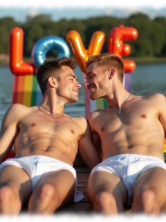 Zwei Männer, auf Bootssteg liegend. freier Oberkörper, Shorts mit geformter Stelle im Gewebe, zum Kuss bereit. Zwei Männer, auf Bootssteg liegend. freier Oberkörper, Shorts mit geformter Stelle im Gewebe, zum Kuss bereit.