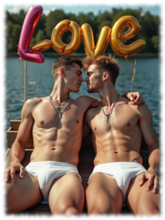 Zwei junge Männer, auf Bootssteg liegend umarmen sich. freier Oberkörper, Slips mit Spannung im Stoff, zum Kuss bereit. Zwei junge Männer, auf Bootssteg liegend umarmen sich. freier Oberkörper, Slips mit Spannung im Stoff, zum Kuss bereit.