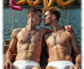 Zwei junge Männer, auf Bootssteg liegend umarmen sich. freier Oberkörper, Slips mit Spannung im Stoff, zum Kuss bereit. Zwei junge Männer, auf Bootssteg liegend umarmen sich. freier Oberkörper, Slips mit Spannung im Stoff, zum Kuss bereit.