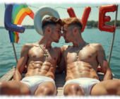 Zwei Männer, auf Bootssteg liegend. freier Oberkörper, Slips mit lustvoller Hügeln, zum Kuss bereit. Zwei Männer, auf Bootssteg liegend. freier Oberkörper, Slips mit lustvoller Hügeln, zum Kuss bereit.