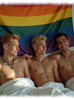 Drei Twinks, im Bett vor Regenbogen-Fahne liegend. freier Oberkörper, lächelnd. Drei Twinks, im Bett vor Regenbogen-Fahne liegend. freier Oberkörper, lächelnd.