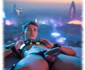 Futuristische Szene, Twink im Lederharness, liegend, präsentiert seine langsam aufstrebende Flamme. Futuristische Szene, Twink im Lederharness, liegend, präsentiert seine langsam aufstrebende Flamme.