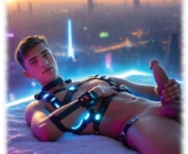 Futuristische Szene, Twink im Lederharness, liegend mit festem Griff an die Granitsäule der Lust. Futuristische Szene, Twink im Lederharness, liegend mit festem Griff an die Granitsäule der Lust.