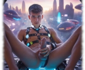 Futuristische Szene, Twink im Lederharness mit vollem Zepter der Sehnsucht im Zentrum. Futuristische Szene, Twink im Lederharness mit vollem Zepter der Sehnsucht im Zentrum.