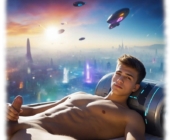 Futuristische Szene, Twink liegend, Hand hält die Lanze des Begehrens fest umschlossen. Futuristische Szene, Twink liegend, Hand hält die Lanze des Begehrens fest umschlossen.