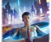 Futuristische Szene, Twink breitbeinig sitzend mit massiver Lanze des Begehrens im Zentrum. Futuristische Szene, Twink breitbeinig sitzend mit massiver Lanze des Begehrens im Zentrum.