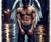 Engel mit weißen Flügeln in Großstadtkulisse frontal knieend, mit mit nassem, nackten Oberkörper und gesenktem Haupt. Engel mit weißen Flügeln in Großstadtkulisse frontal knieend, mit mit nassem, nackten Oberkörper und gesenktem Haupt.