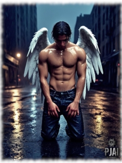 Engel mit weißen Flügeln in Großstadtkulisse frontal knieend, mit mit nassem, nackten Oberkörper und gesenktem Haupt. Engel mit weißen Flügeln in Großstadtkulisse frontal knieend, mit mit nassem, nackten Oberkörper und gesenktem Haupt.