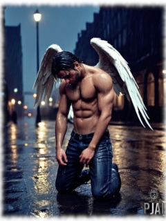 Engel mit weißen Flügeln in Großstadtkulisse seitlich knieend, mit nassem, nackten Oberkörper. Engel mit weißen Flügeln in Großstadtkulisse seitlich knieend, mit nassem, nackten Oberkörper.