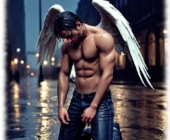 Engel mit weißen Flügeln in Großstadtkulisse seitlich knieend, mit nassem, nackten Oberkörper. Engel mit weißen Flügeln in Großstadtkulisse seitlich knieend, mit nassem, nackten Oberkörper.