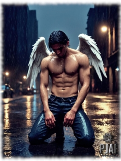 Engel mit weißen Flügeln in Großstadtkulisse knieend, mit mit nassem, nackten Oberkörper. Engel mit weißen Flügeln in Großstadtkulisse knieend, mit mit nassem, nackten Oberkörper.