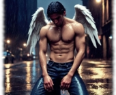 Engel mit weißen Flügeln in Großstadtkulisse knieend, mit mit nassem, nackten Oberkörper. Engel mit weißen Flügeln in Großstadtkulisse knieend, mit mit nassem, nackten Oberkörper.