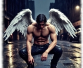 Engel mit gespreizten weißen Flügeln in Großstadtkulisse hockend, mit gesenktem Haupt. Engel mit gespreizten weißen Flügeln in Großstadtkulisse hockend, mit gesenktem Haupt.