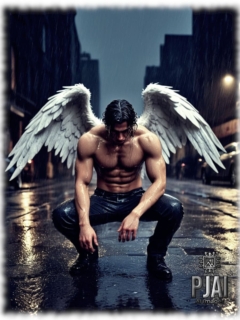 Engel mit gespreizten weißen Flügeln in Großstadtkulisse hockend, mit gesenktem Haupt. Engel mit gespreizten weißen Flügeln in Großstadtkulisse hockend, mit gesenktem Haupt.